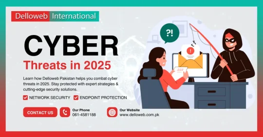 Graphic for Delloweb's cybersecurity solutions against threats in 2025, with icons for network and endpoint protection.
