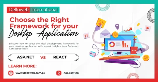 Ad graphic comparing ASP.NET vs REACT for desktop application Framework with contact info for Delloweb Paksitan.