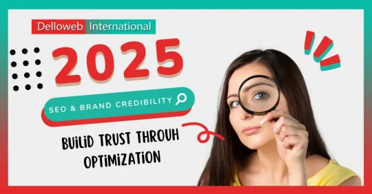 Promotional graphic for "Delloweb International 2025" focusing on SEO and brand credibility.