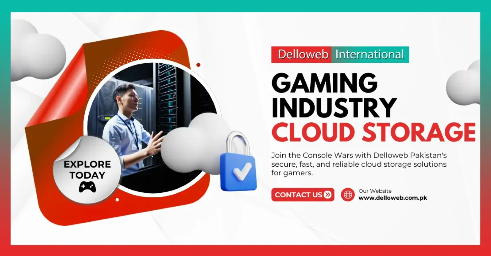 A person stands by server racks, promoting Delloweb's secure cloud storage solutions for the gaming industry. Explore today!