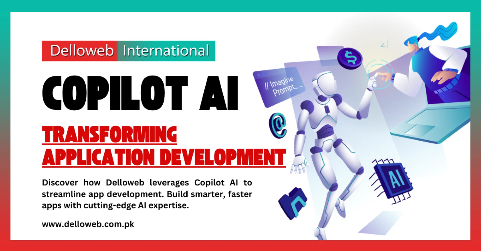 Delloweb's Copilot AI transforms app development, showcasing a robot and a developer collaborating with advanced technology.