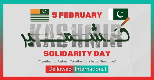 Graphic promoting Kashmir Solidarity Day on February 5, featuring flags, and text emphasizing unity for a better future.