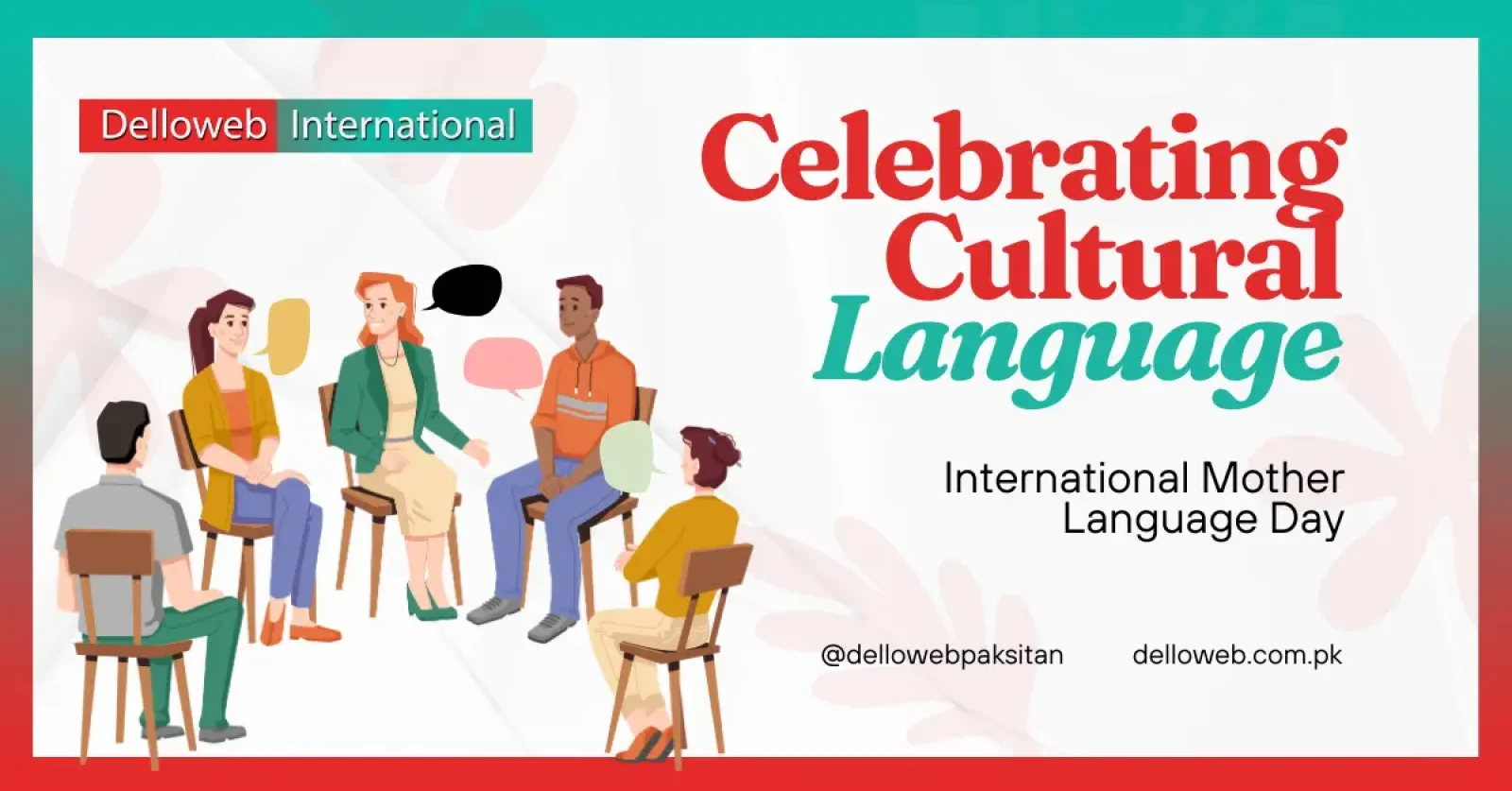 A diverse group of people engaged in conversation, celebrating International Mother Language Day, with a vibrant, colorful background.
