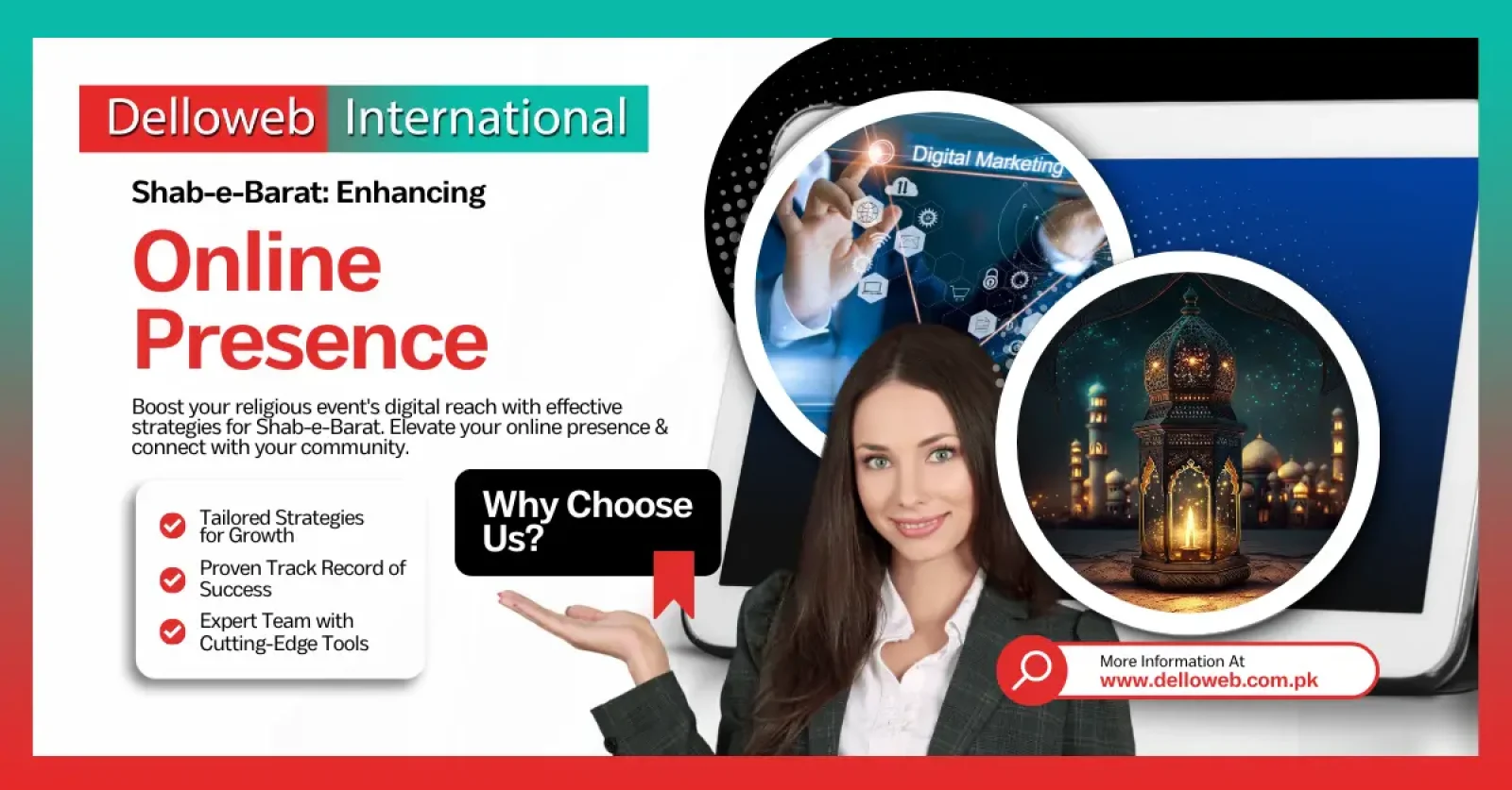 Promotional graphic for Delloweb International, highlighting services to enhance online presence for Shab-e-Barat with visuals of digital marketing and culture.