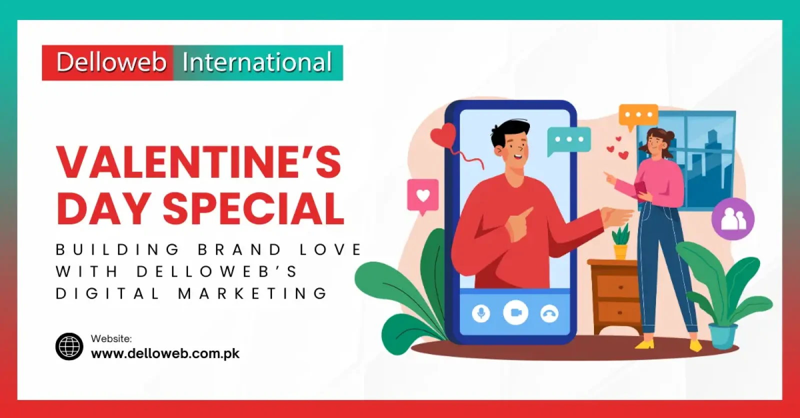 A digital marketing promotion for Valentine's Day, featuring a person on a video call and a woman engaging with hearts and emojis.