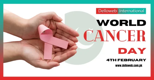 Hands holding a pink ribbon symbolize World Cancer Day, February 4th, promoting awareness and support for cancer prevention.