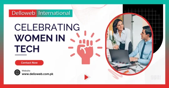 A vibrant promotional graphic celebrating women in tech, featuring an image of a collaborative meeting surrounding a laptop.