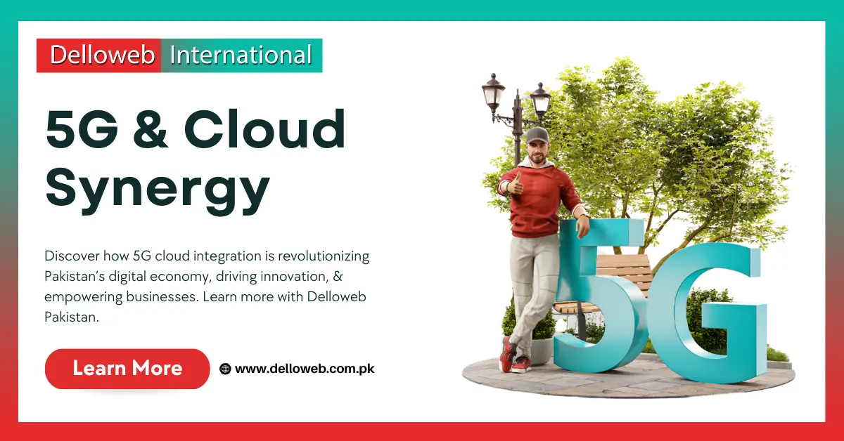 A person in a red jacket stands next to a large "5G" sign in an outdoor setting, promoting cloud integration and technology innovation.