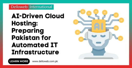 Graphic featuring a stylized AI head with circuits and the text promoting AI-driven cloud hosting in Pakistan.