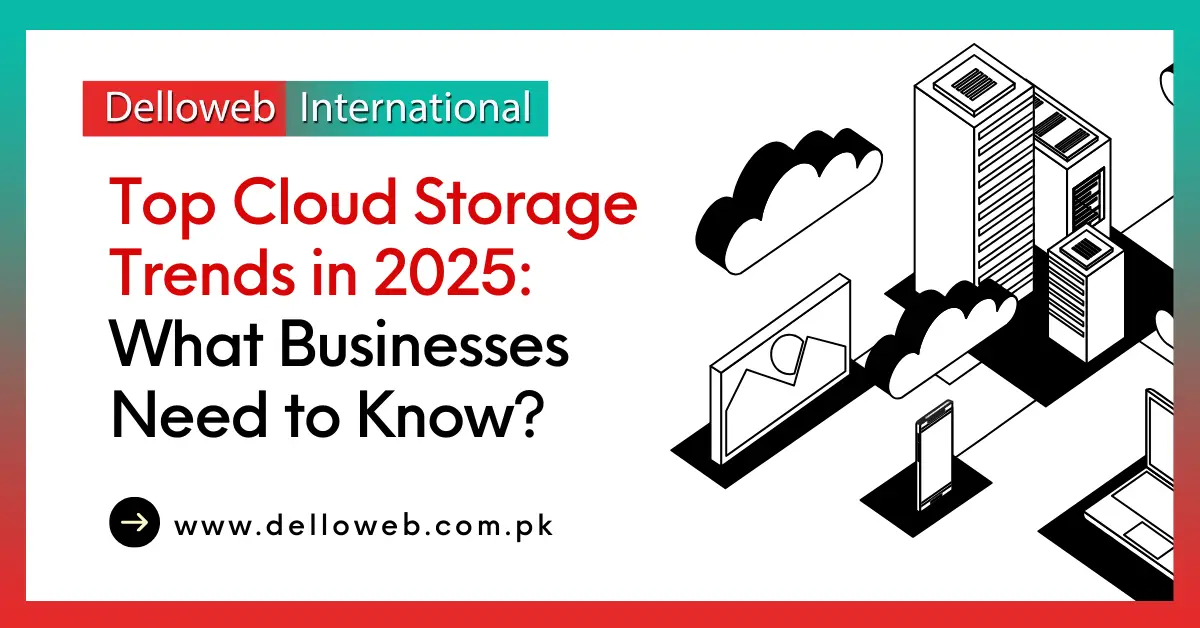 Infographic highlighting top cloud storage trends for businesses in 2025, featuring stylized graphics of clouds and storage devices.