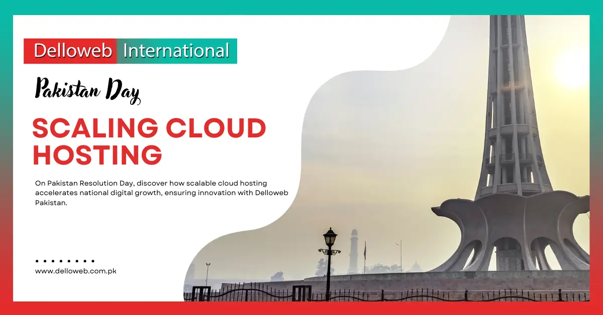 Graphic promoting Delloweb's cloud hosting services on Pakistan Day, featuring the Minar-e-Pakistan monument in the background.