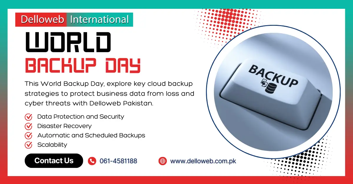 Promotional image for World Backup Day by Delloweb Pakistan, highlighting data protection strategies and backup services.