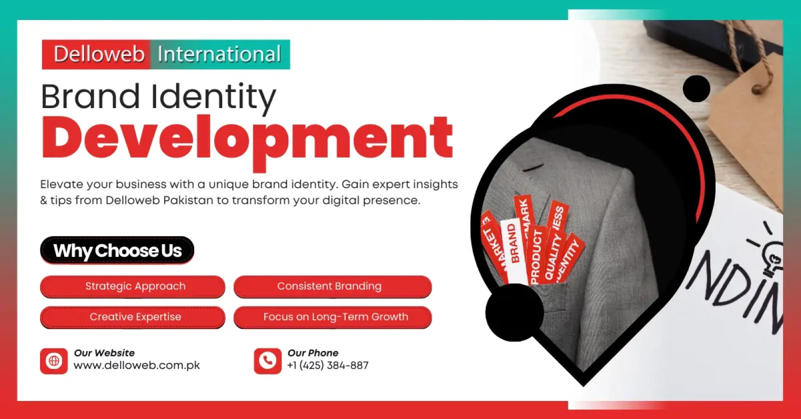 Promotional graphic for Delloweb International, highlighting brand identity development services and benefits like strategic approach and consistent branding.