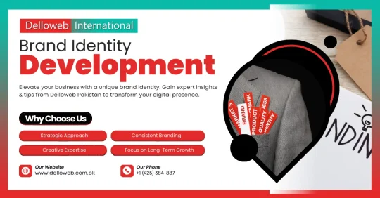 Promotional graphic for Delloweb International, highlighting brand identity development services and benefits like strategic approach and consistent branding.
