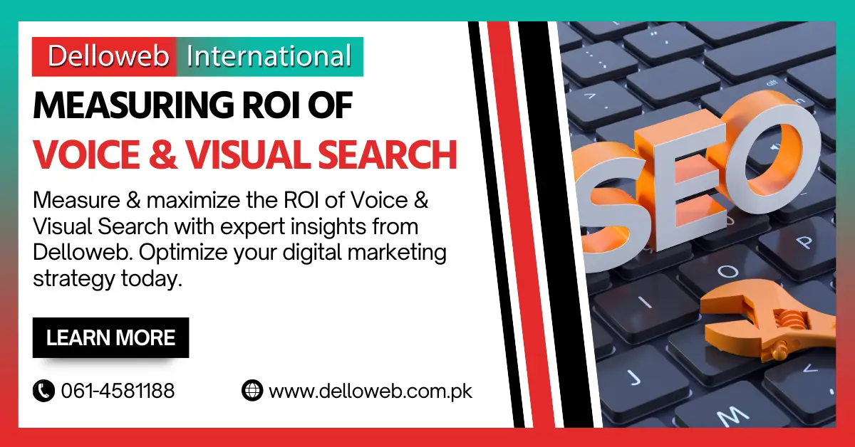 Graphic promoting Delloweb's services for optimizing Voice and Visual Search ROI, featuring keyboard imagery and SEO text. Contact info included.