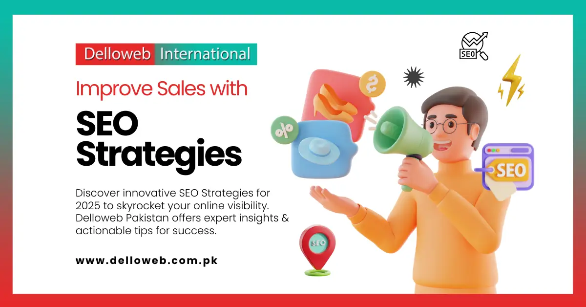 A person holds a megaphone, surrounded by colorful icons representing SEO strategies, emphasizing online visibility and sales improvement.