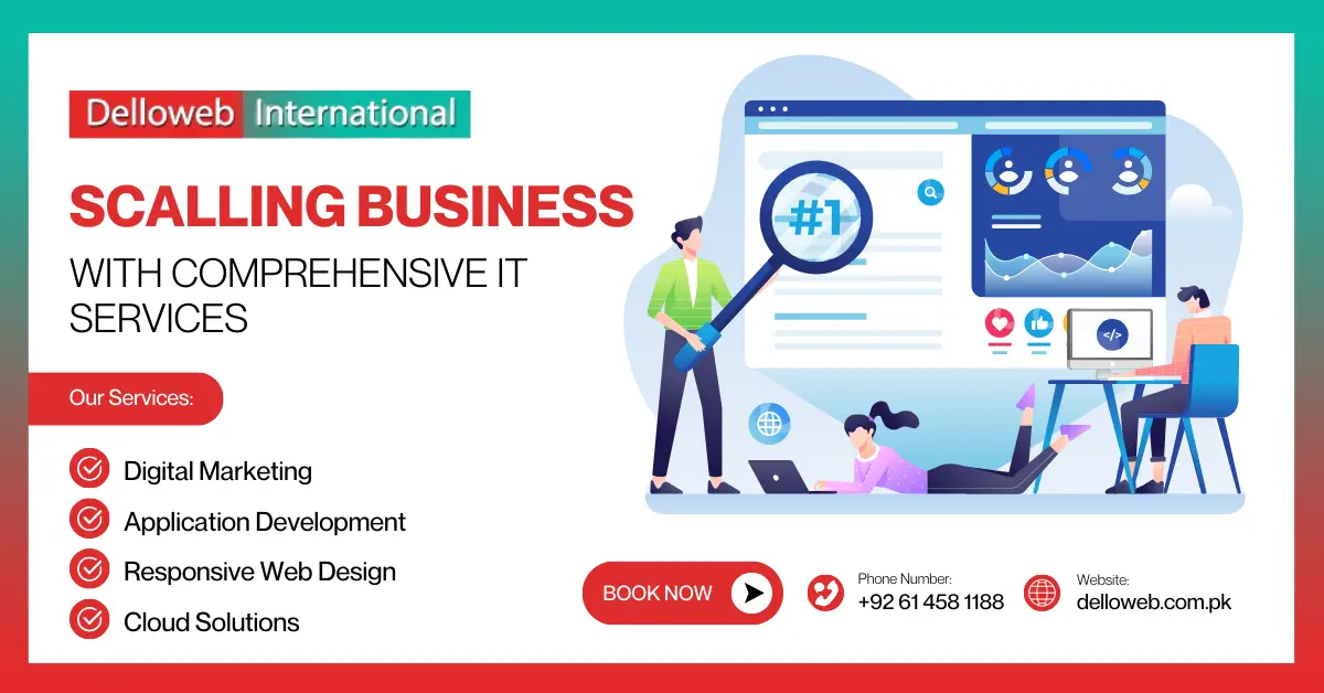 Graphic promoting Delloweb International's IT services for business scaling, highlighting digital marketing, app development, and cloud solutions.