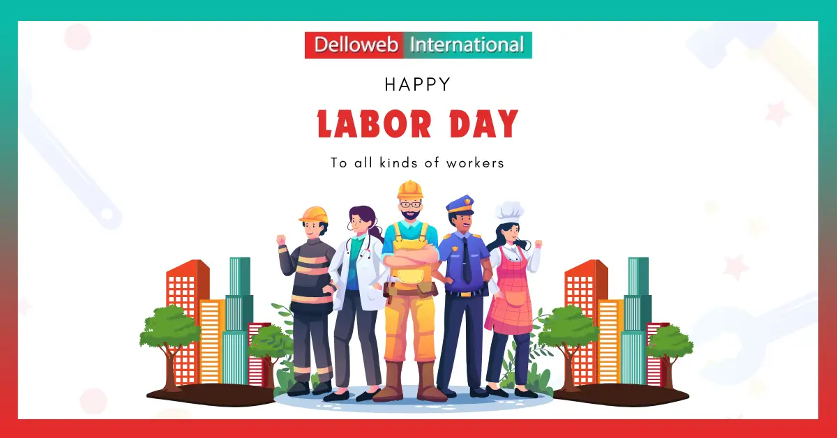 Colorful illustration celebrating Labor Day, featuring diverse workers including a chef, doctor, police officer, and construction worker.