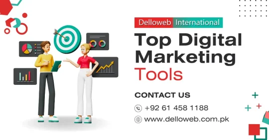 Two animated characters discuss digital marketing tools, surrounded by graphs and target graphics, with contact information for Delloweb Pakistan.