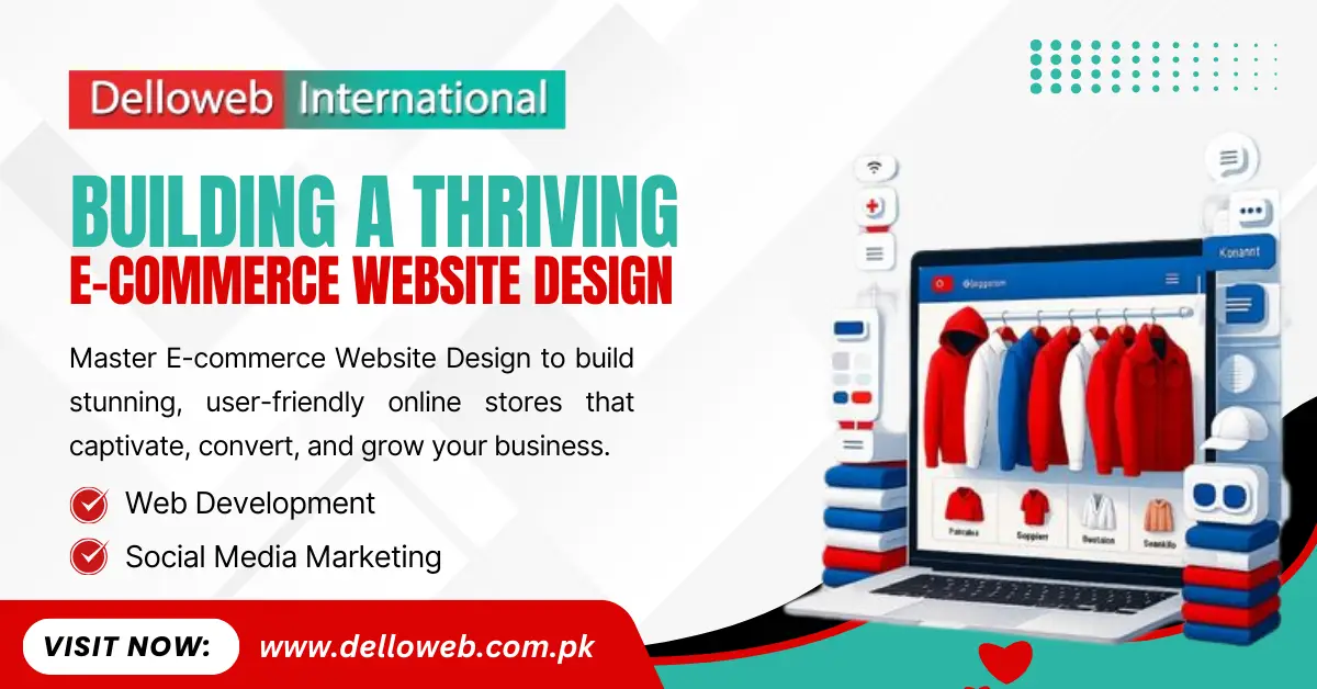 Promotional image for Delloweb, featuring a laptop displaying e-commerce website design focused on user-friendly online stores.