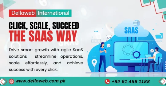 Graphic promoting Delloweb Pakistan's agile SaaS solutions for driving growth and streamlining operations, featuring a cloud and users.