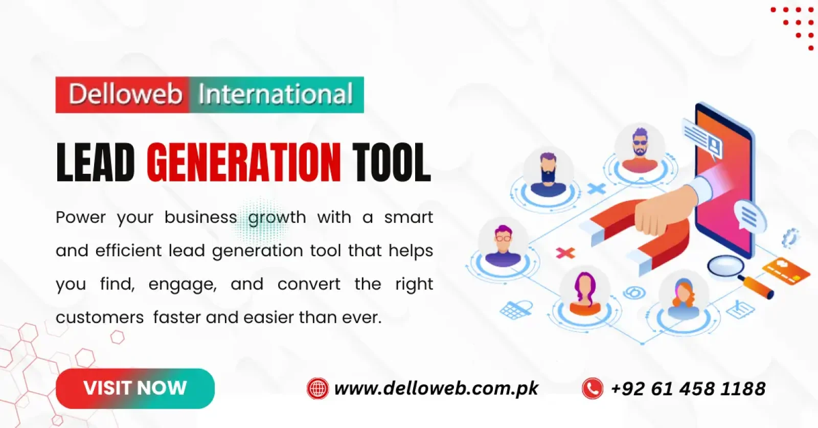 Alt text: "Graphic promoting Delloweb International's lead generation tool, featuring a hand selecting diverse avatars symbolizing customer engagement. Contact info at bottom."