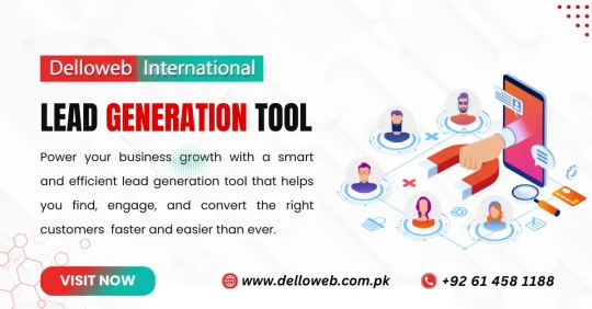 Alt text: "Graphic promoting Delloweb International's lead generation tool, featuring a hand selecting diverse avatars symbolizing customer engagement. Contact info at bottom."