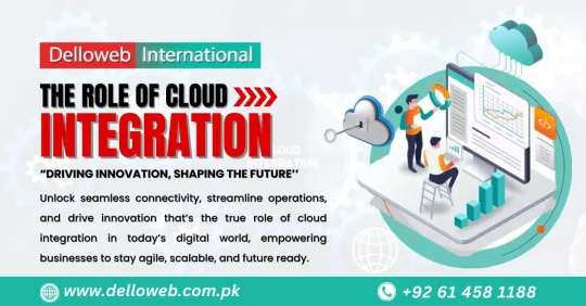 Promotional banner for Delloweb International about Cloud Integration Pakistan, featuring people working with cloud and data graphics, website URL, and contact number displayed.