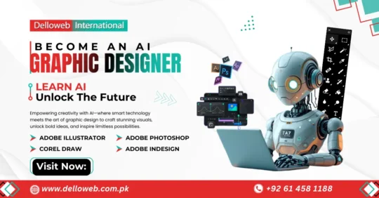 A robot graphic designer learns AI tools like Adobe Illustrator and Photoshop, showcasing creative technology for stunning visuals.