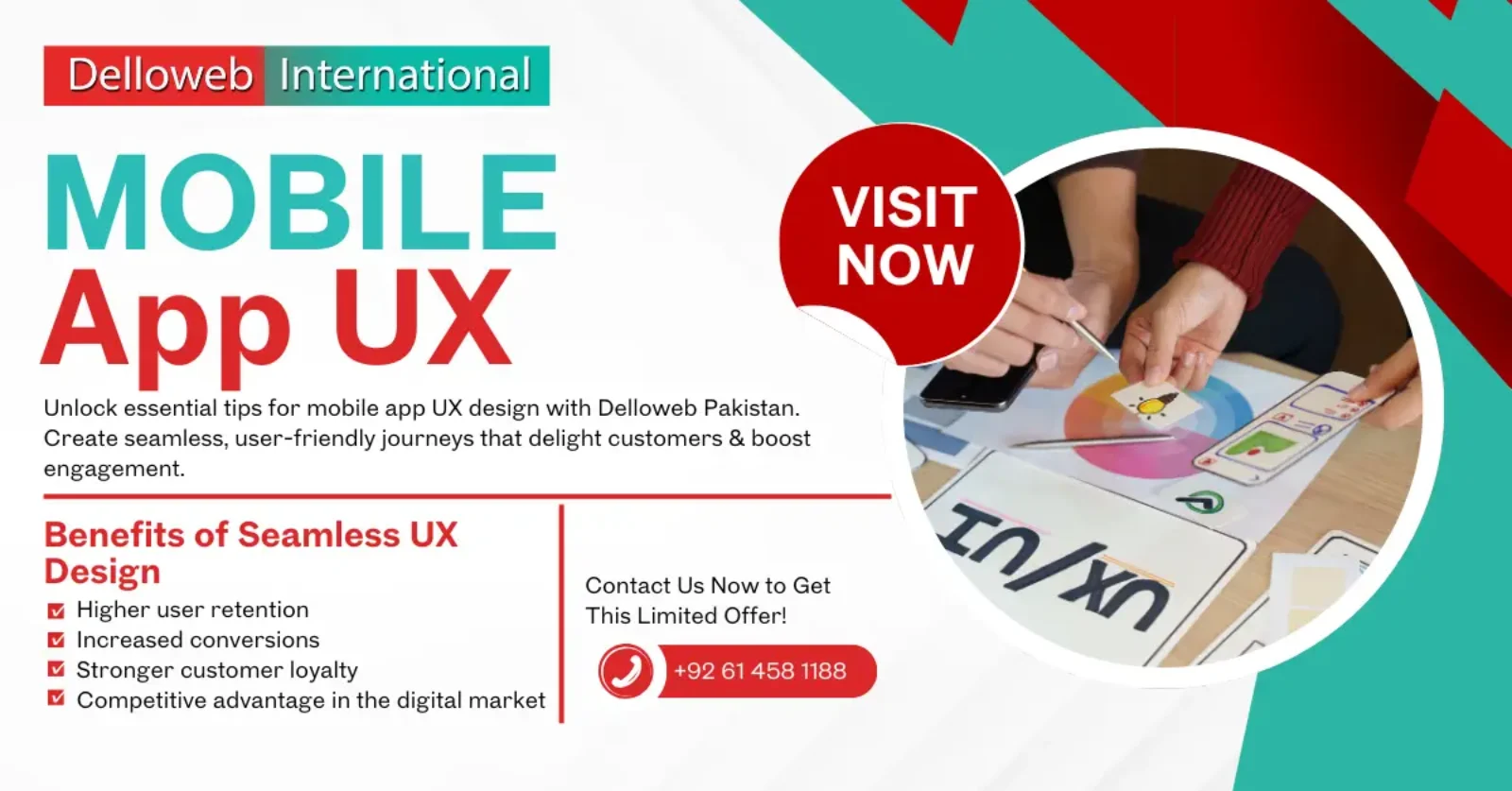 Promotional graphic for Delloweb International’s mobile app UX design services, highlighting benefits of seamless UX design with contact details and a person placing a design mockup on a table.
