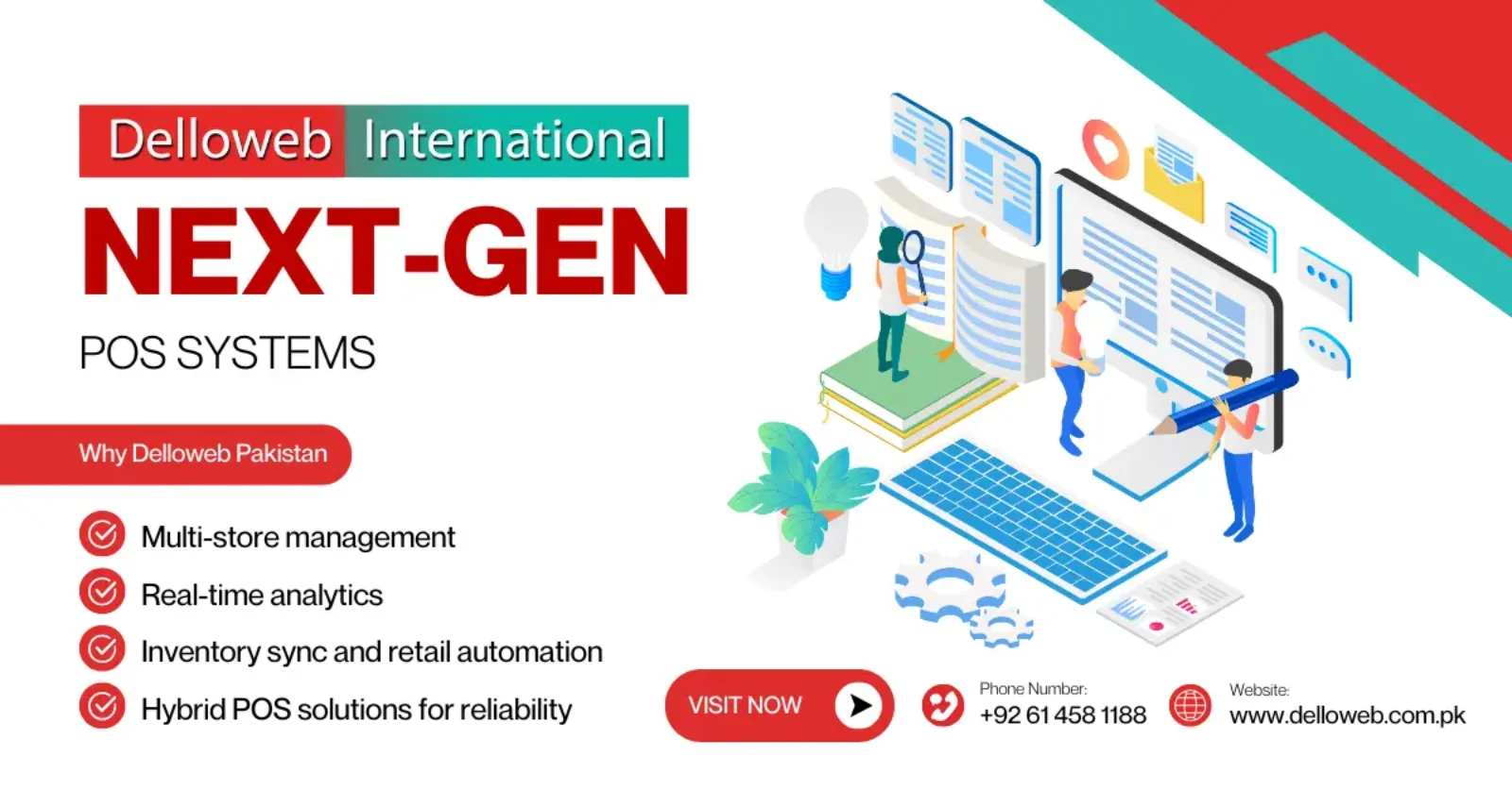 Promotional graphic for Delloweb International Next-Gen cloud-based POS software, listing features like multi-store management and real-time analytics, alongside illustrated people with digital devices.