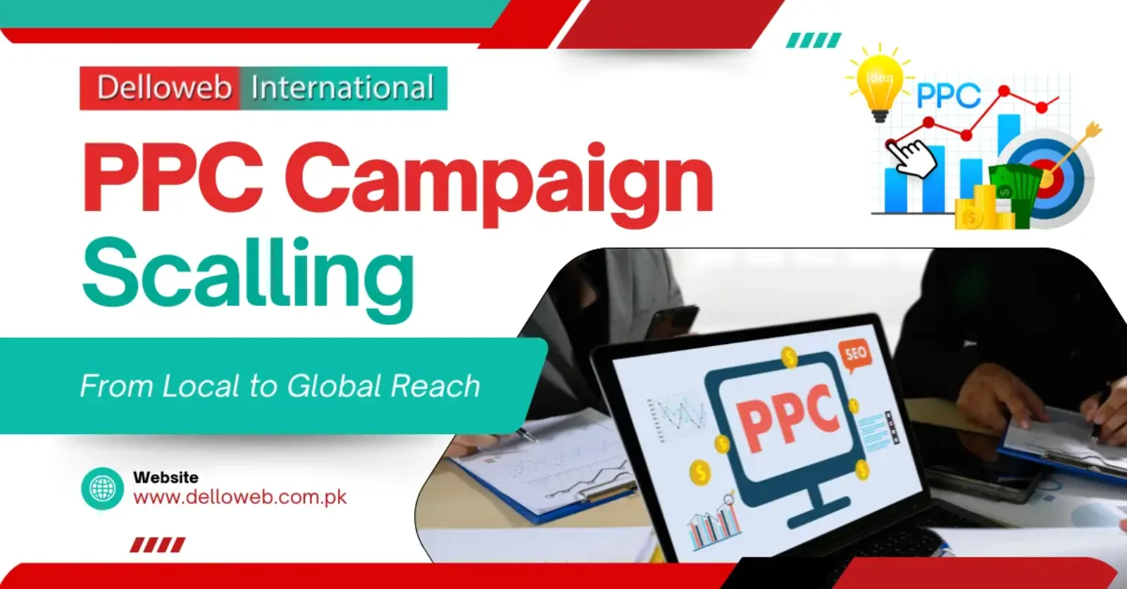Graphic promoting Delloweb International's PPC campaign scaling services, emphasizing local to global reach strategies.