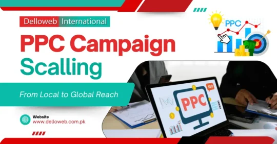 Graphic promoting Delloweb International's PPC campaign scaling services, emphasizing local to global reach strategies.