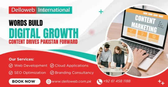 Promotional graphic for Delloweb International, highlighting services in digital growth, content marketing, and branding consultancy.