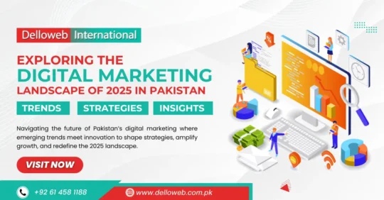A vibrant graphic showcasing digital marketing trends and strategies for Pakistan in 2025, featuring diverse illustrations and analytics.