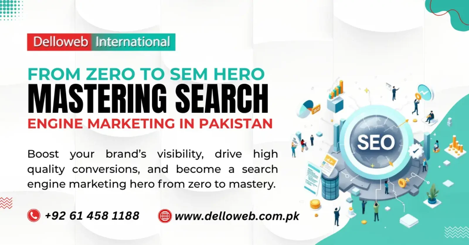 Alt text: "Promotional graphic for Delloweb International, highlighting 'Mastering Search Engine Marketing in Pakistan.' Features a large 'SEO' icon with small figures and tech symbols. Text includes contact info and website, conveying professionalism and expertise."